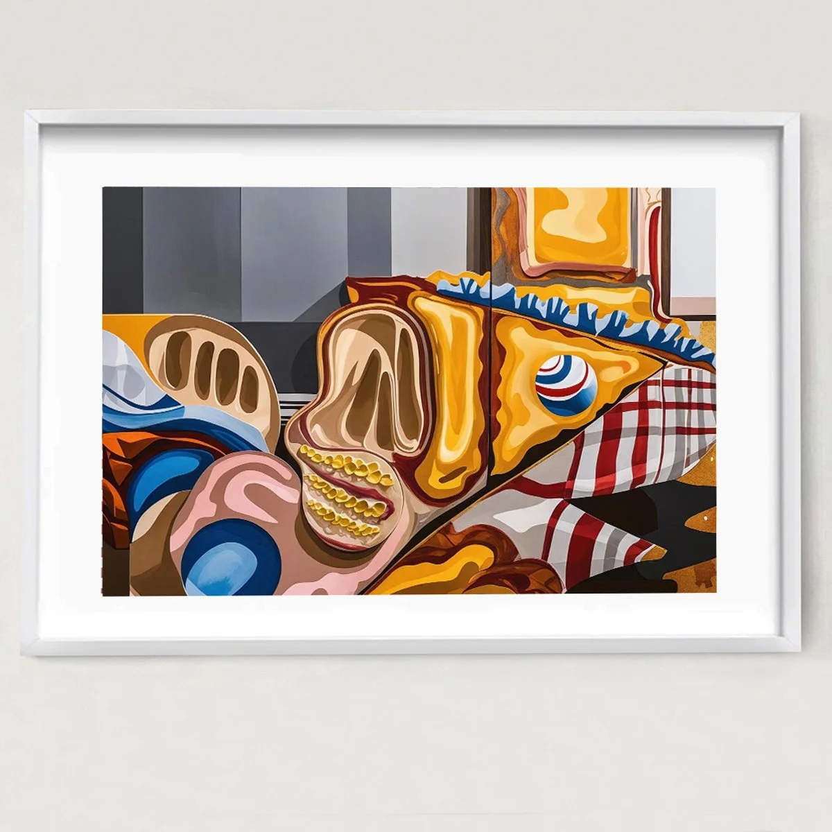 Abstract painting with geometric shapes, featuring facial features like a nose, mouth with gold teeth, and an eye, in vibrant colors including yellow, blue, red, and brown.