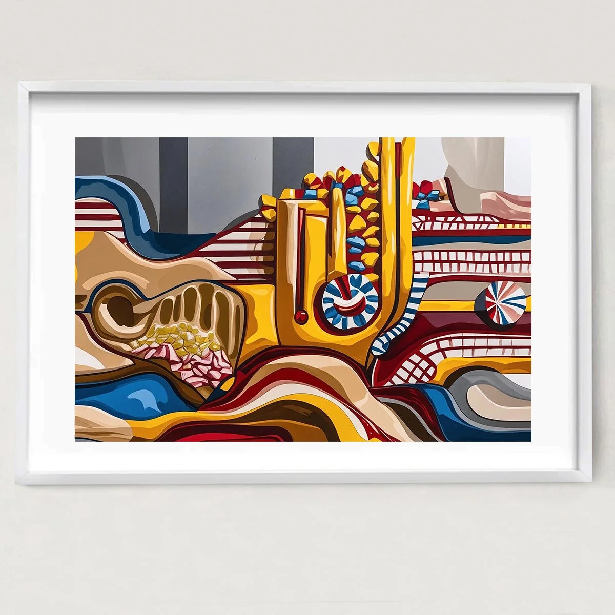 An abstract painting with vibrant colors depicting parts of a bulldozer and a skull with yellow, red, blue, gray, and beige tones.