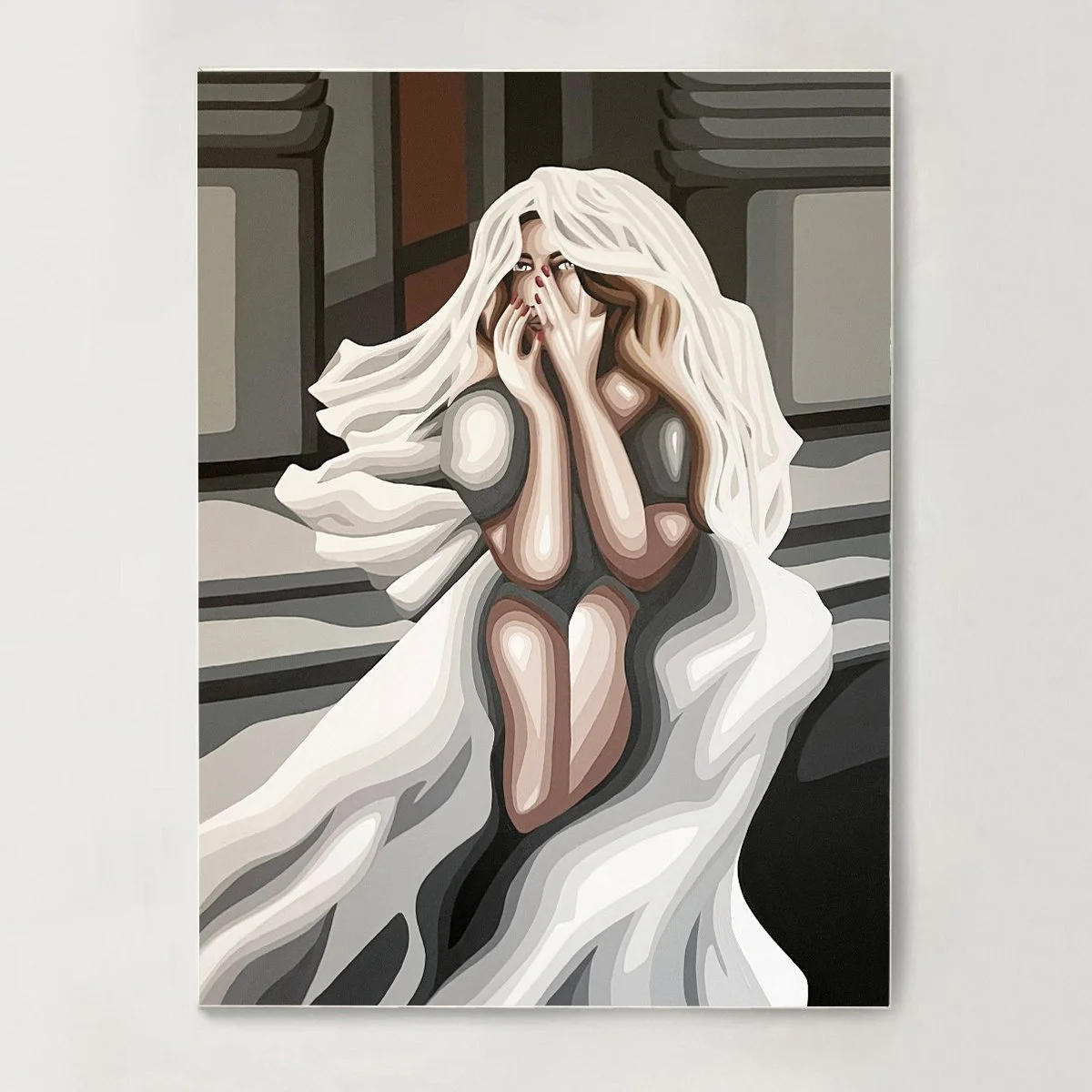 Stylized painting of a woman with long, flowing blonde hair sitting on a bed, partially covered by a white sheet, with her hands covering her face, in a grayscale background.