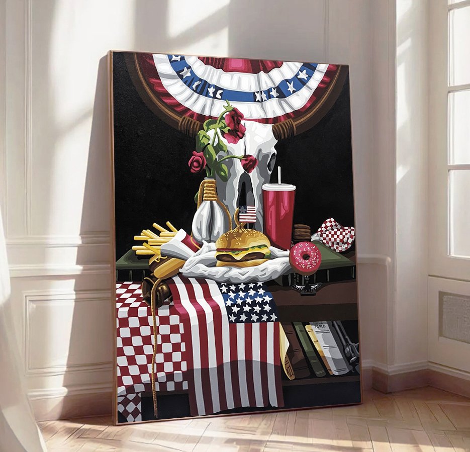 Painting of a patriotic American-themed still life with a skull, roses, fries, hamburger, donut, soda, and American flags, arranged on a table with a draped American flag cloth.