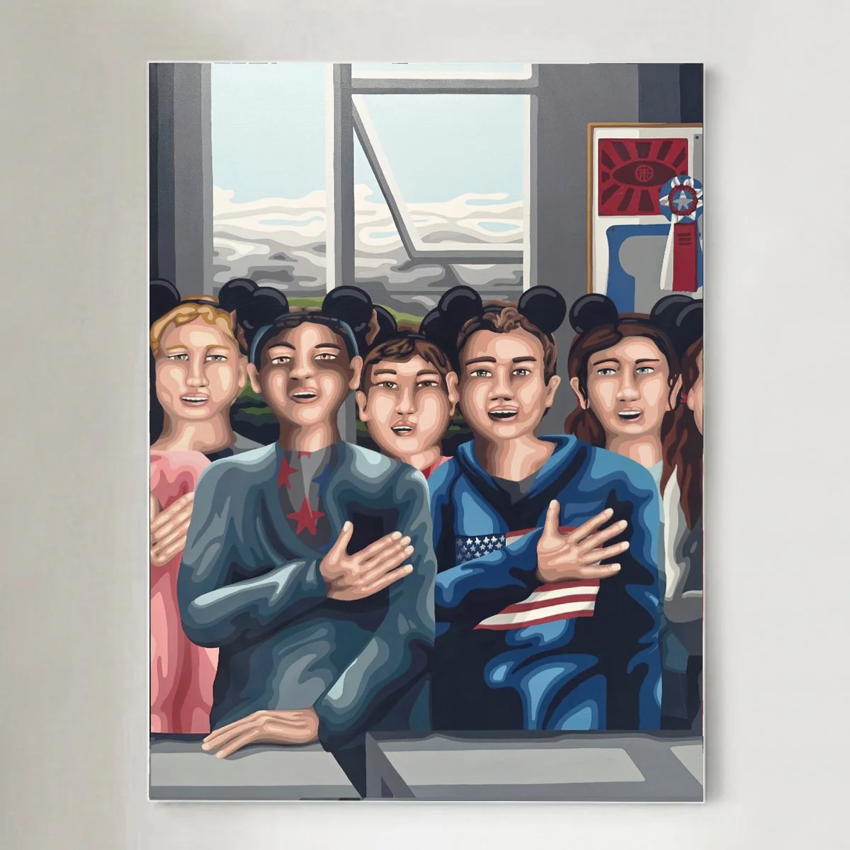 Painting of five young women with panda hair buns, singing in front of a window with cloudy sky, one holding a phone, with a prize ribbon in the background.