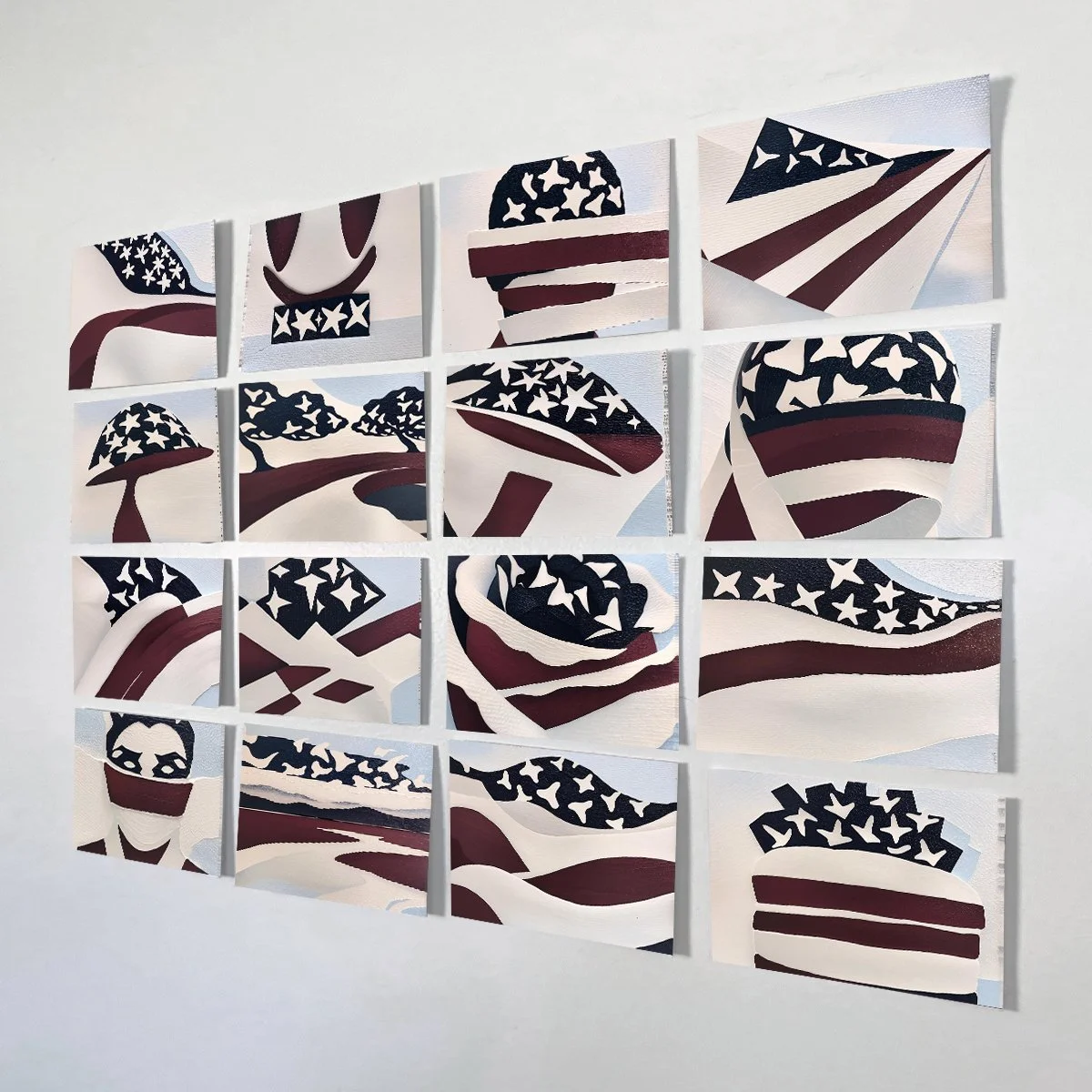 Mixed media art installation consisting of sixteen panels featuring abstract American flag designs with stars and stripes in black, white, and red colors.