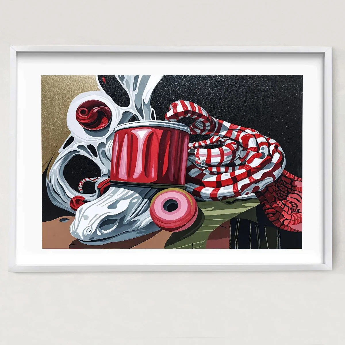 Painting of a skull with red and black eyes, a red mug, red and white striped scarf, and pink donuts.