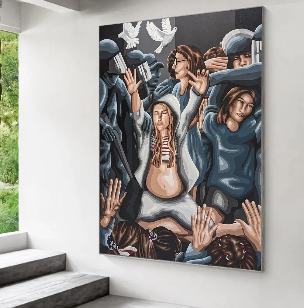 A controversial painting depicting a woman in a hoodie with long hair and a striped shirt, surrounded by riot police in helmets and shields, with people reaching out towards her, and white doves flying above.
