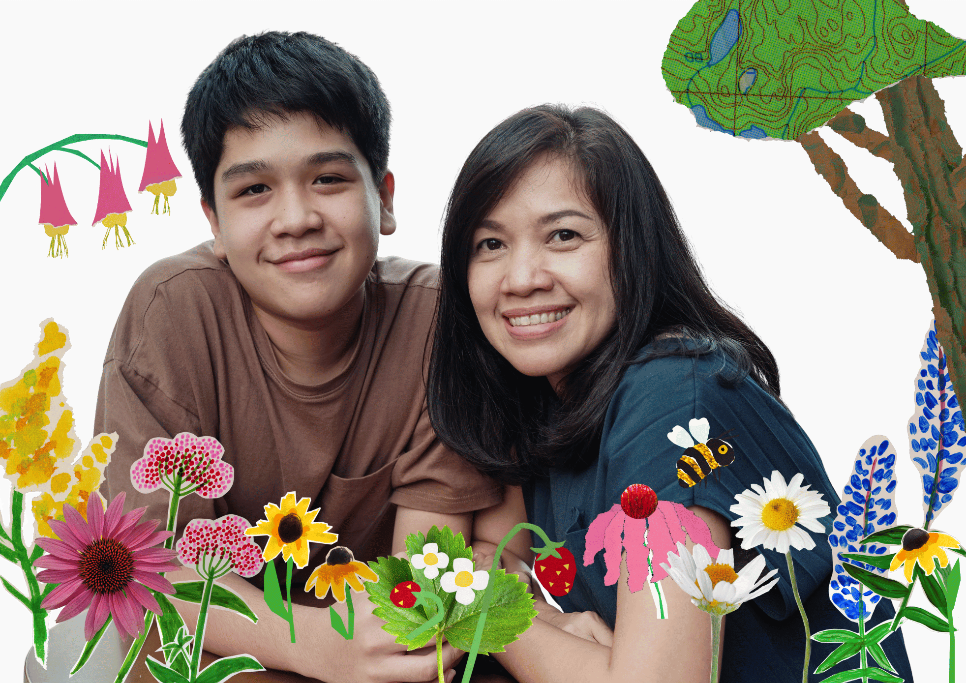 Smiling young man and woman surrounded by colorful illustrated flowers, a bee, strawberries, and a green leafy collage on a dark background