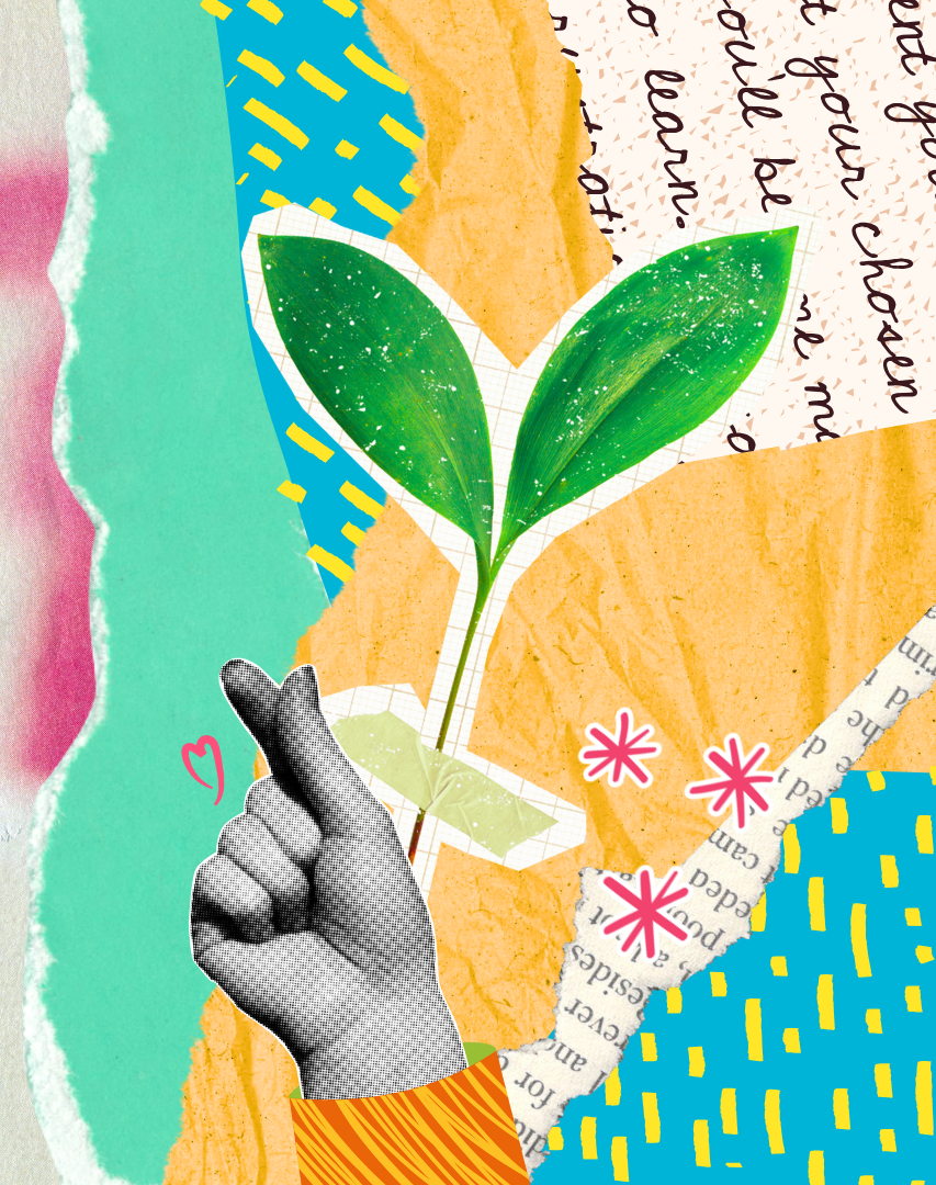 Scrapbook collage with a seedling and ripped paper