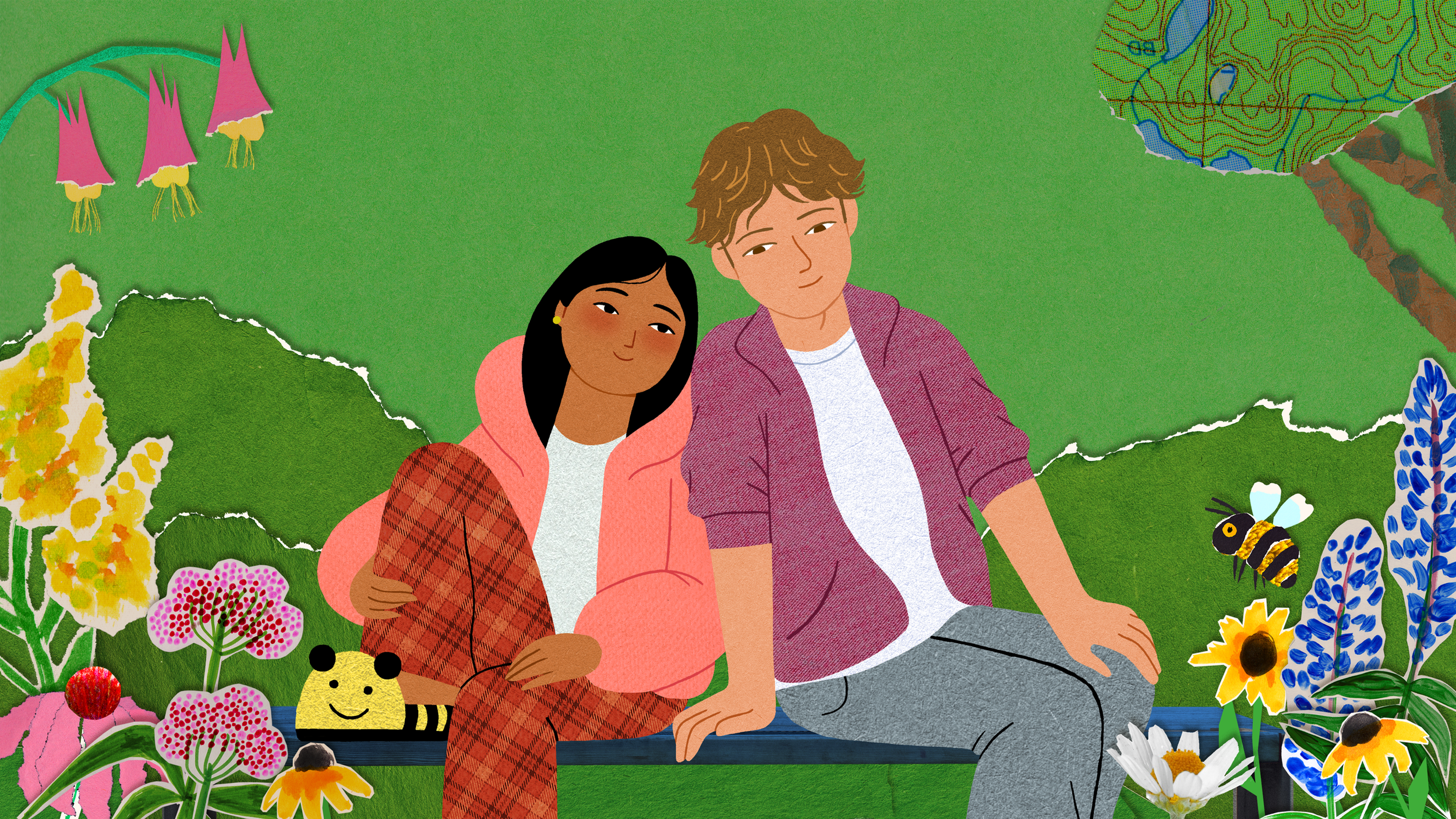 Illustration of a young woman and a young man sitting on a bench surrounded by colorful flowers, a bee, a butterfly, and a leaf with a topographic map pattern on it.