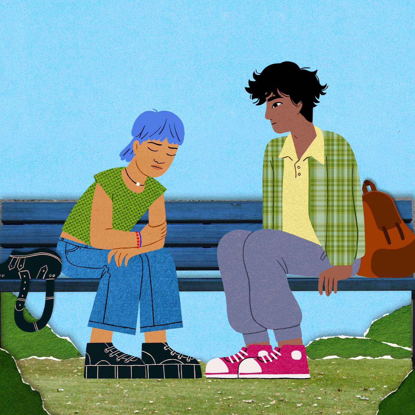 Illustration of two young people sitting on a park bench, one with blue hair and the other with black hair, engaged in conversation. The girl appears to be sad or thoughtful, while the boy looks at her attentively. They are dressed casually, with backpacks nearby and a lush green grassy area surrounding them.