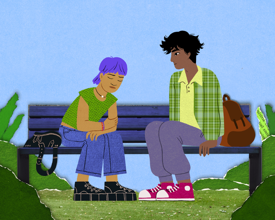 An animated illustration of two young people sitting on a park bench. The girl has blue hair, is wearing a green sleeveless top, blue jeans, and black platform shoes, with a black bag beside her. The boy has black hair, is dressed in a green plaid shirt over a yellow t-shirt, grey pants, and pink sneakers, with a brown backpack next to him.