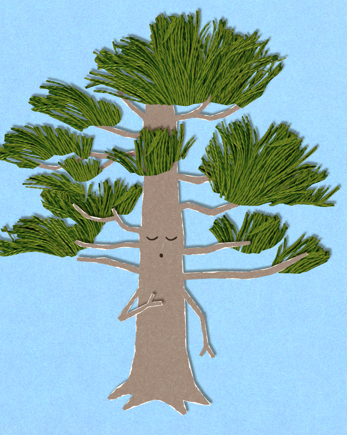 Cartoon illustration of a tree with a happy, sleepy face, against a blue background. The tree has green foliage and a brown trunk.