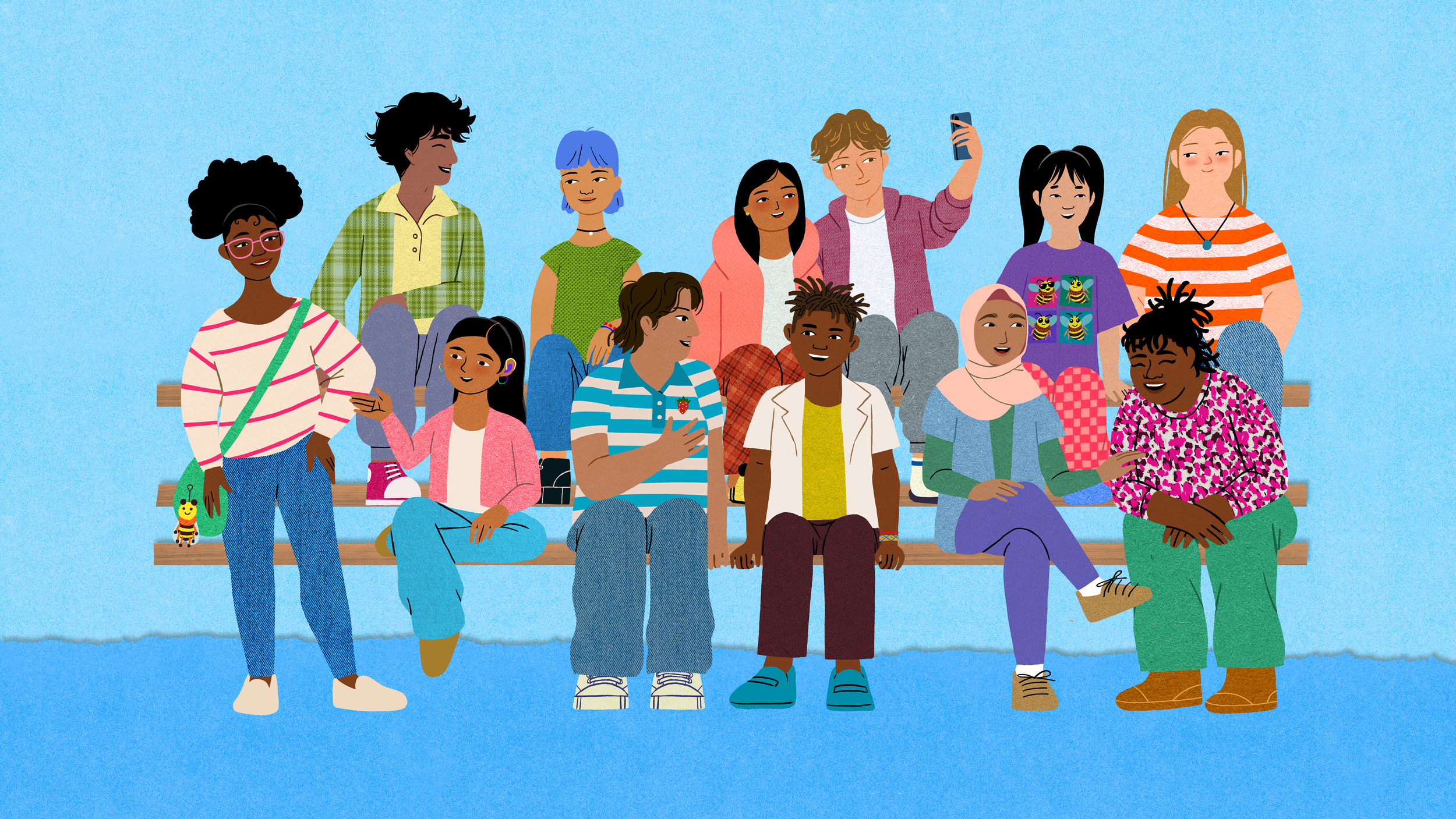 Illustration of a diverse group of people sitting and standing on bleachers against a blue sky, some taking photos and others smiling and chatting.
