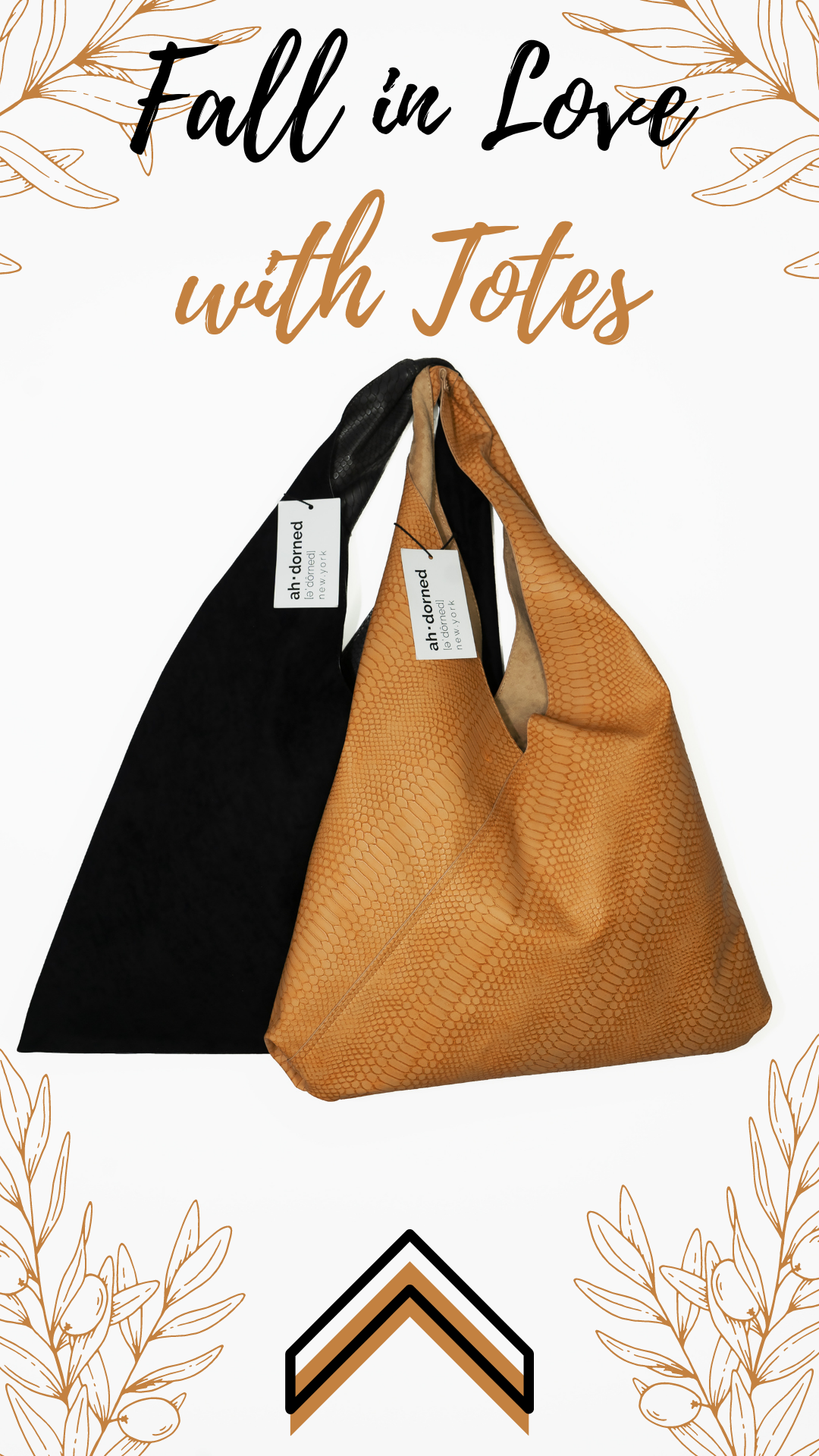 A graphic design featuring two tote bags, one black and one orange with a textured pattern, along with the text 'Fall in Love with Totes' in stylish fonts and decorative autumn leaves outlines in the corners.