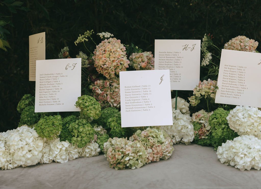 Different colored hydrangeas with seating chart 
