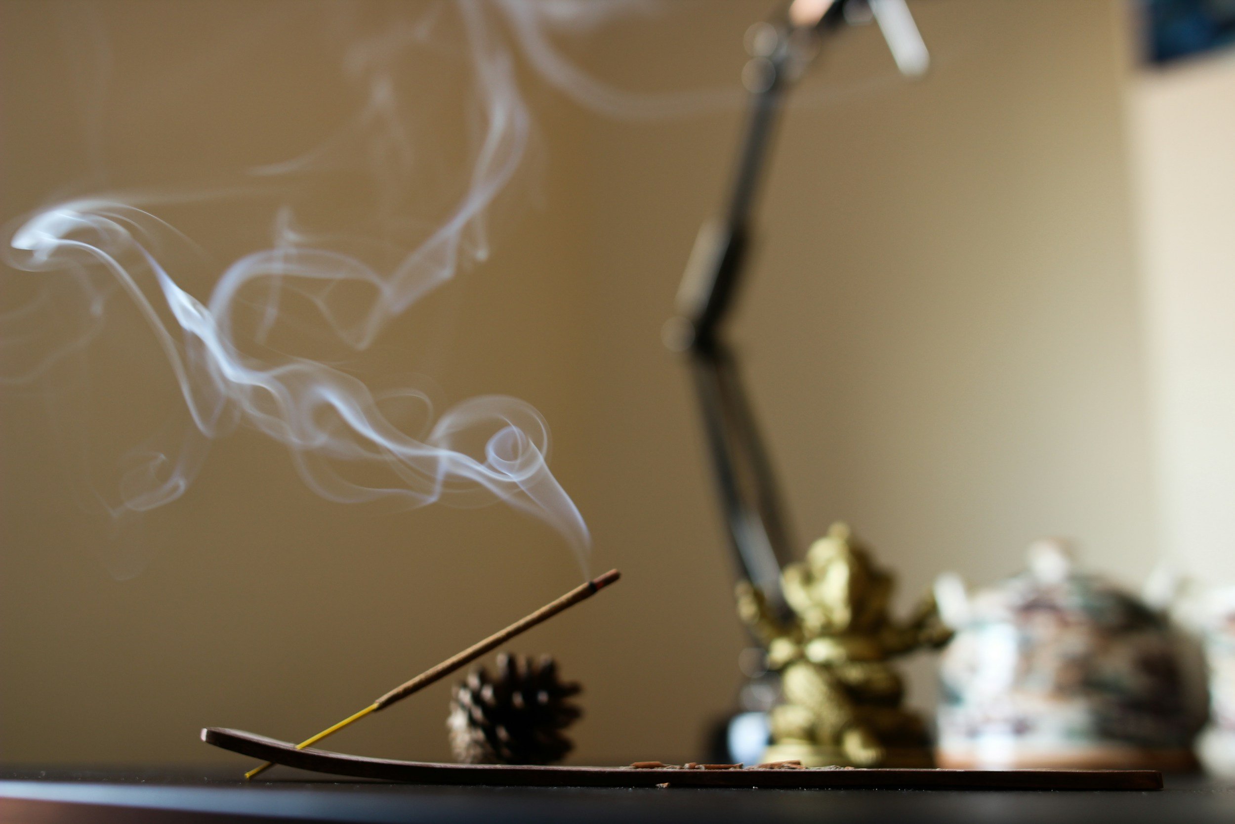 A lit incense stick on a holder with smoke rising, a pine cone, and a brass sculpture on a dark surface.