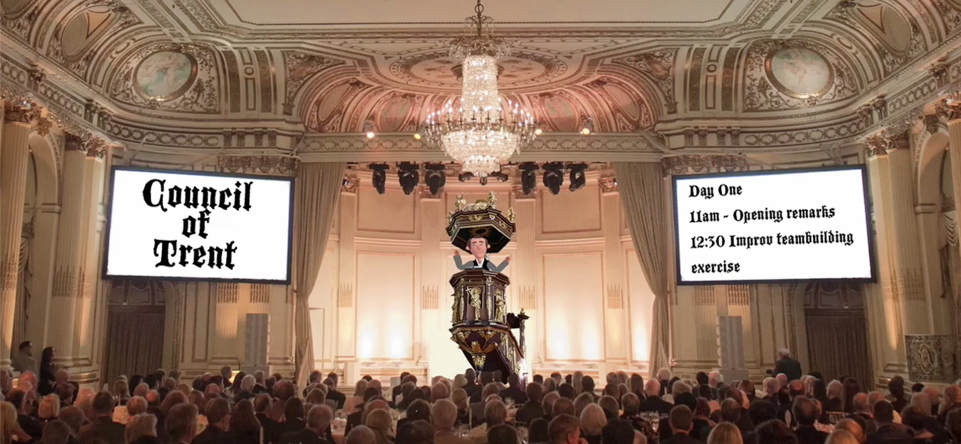 Trent welcomes the crowd to the 1545 Council of Trent.
