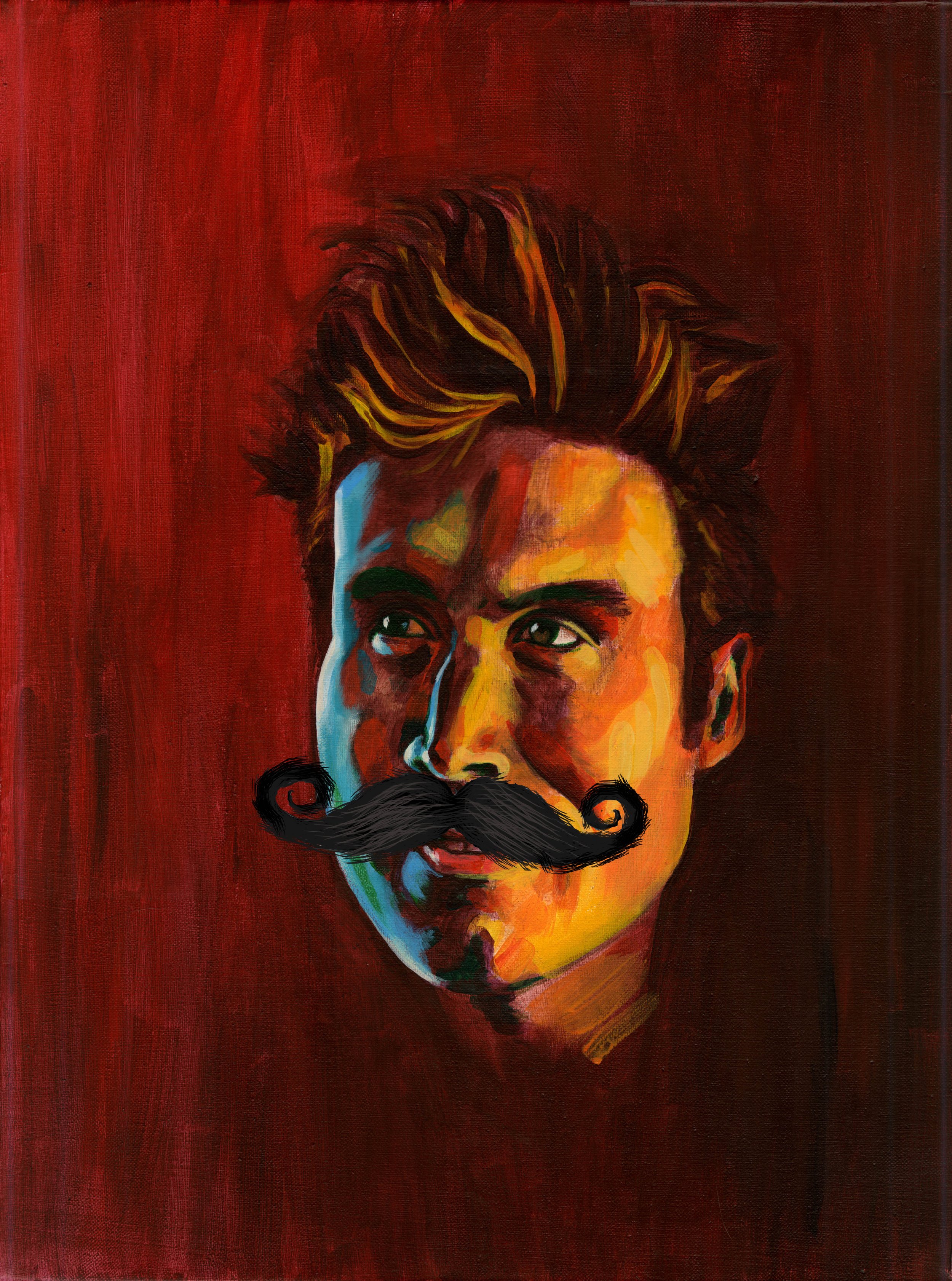 A painting of Edward (Aaron Maas) was central to the play. Prints of the painting by artist Jarrod Warf were vandalized differently in every performance and on every poster.