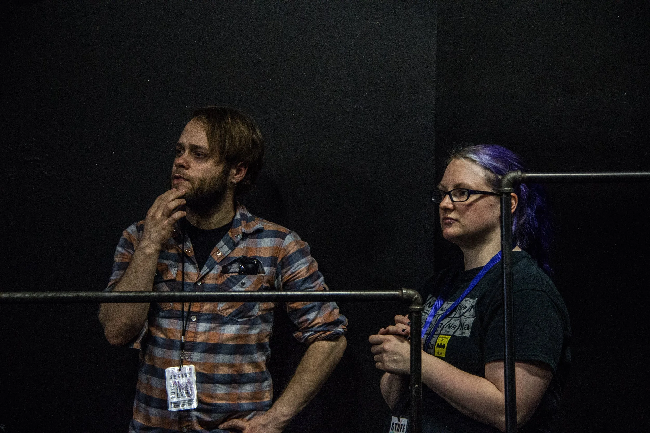 Playwright/stage manager Ben Dudley and venue technician Kristen Ruthemeyer Hammer [Photo by Daniel R. Winters]