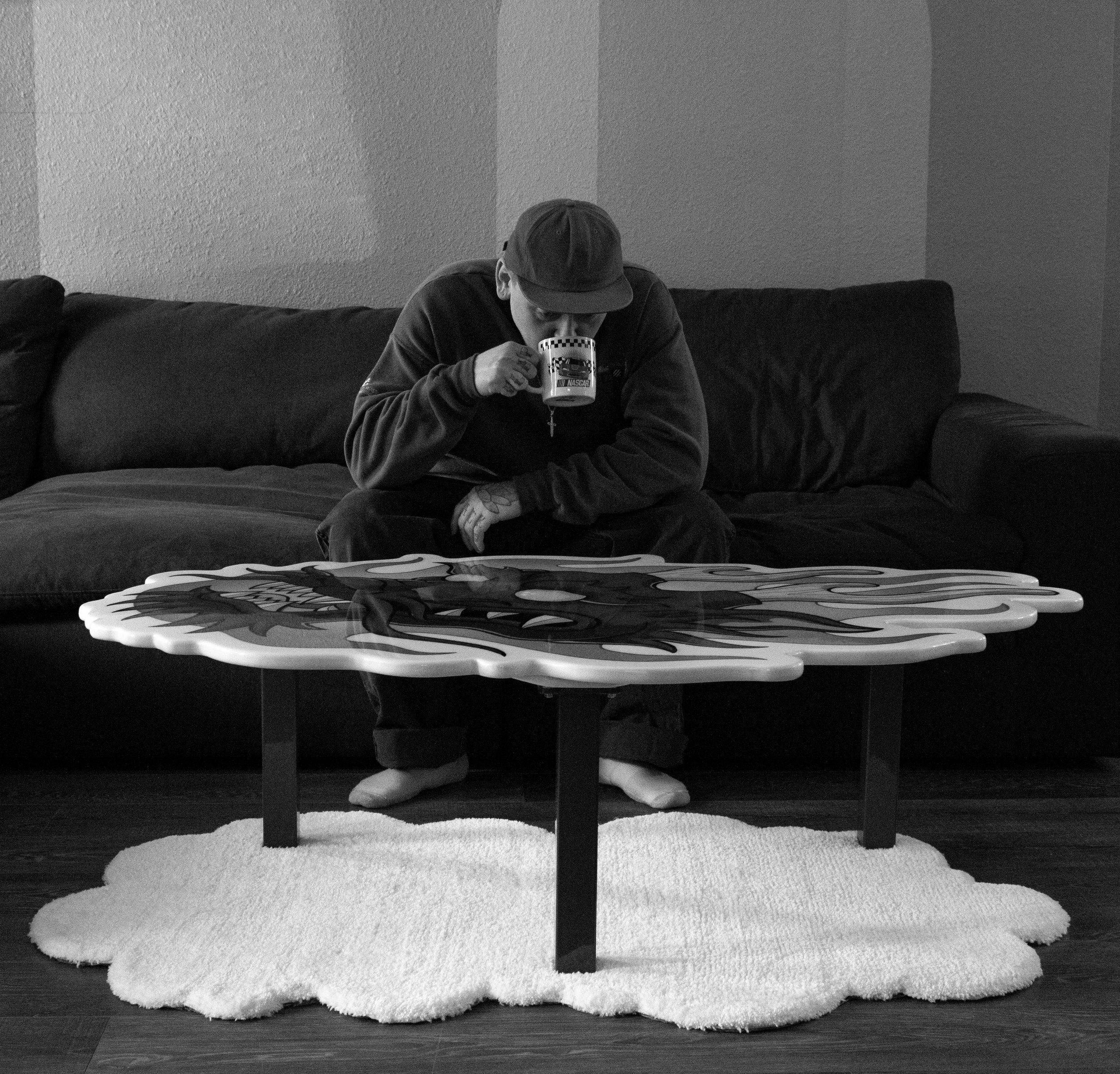 Sampson Hurley is a functional artist and furniture maker creating one-of-one sculptural coffee tables, custom tufted rugs, and collectible handmade art pieces inspired by tattoo culture, illustration, pop surrealism, food, and nostalgic imagery.