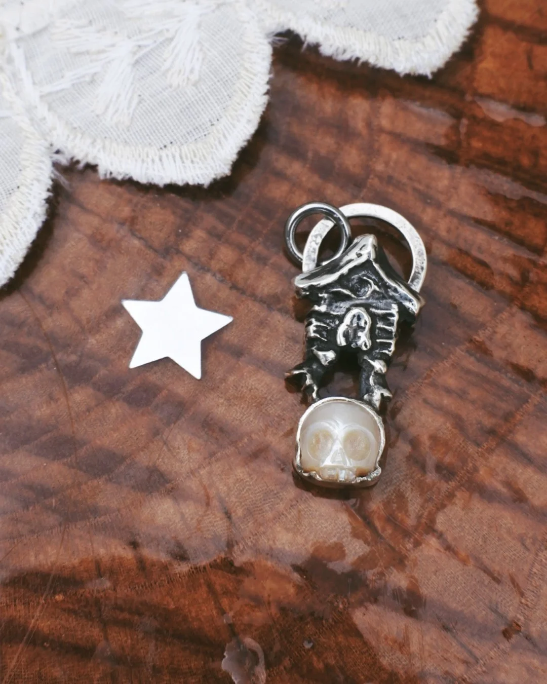 Baba Yaga Hut Pendant- Carved Pearl Skull