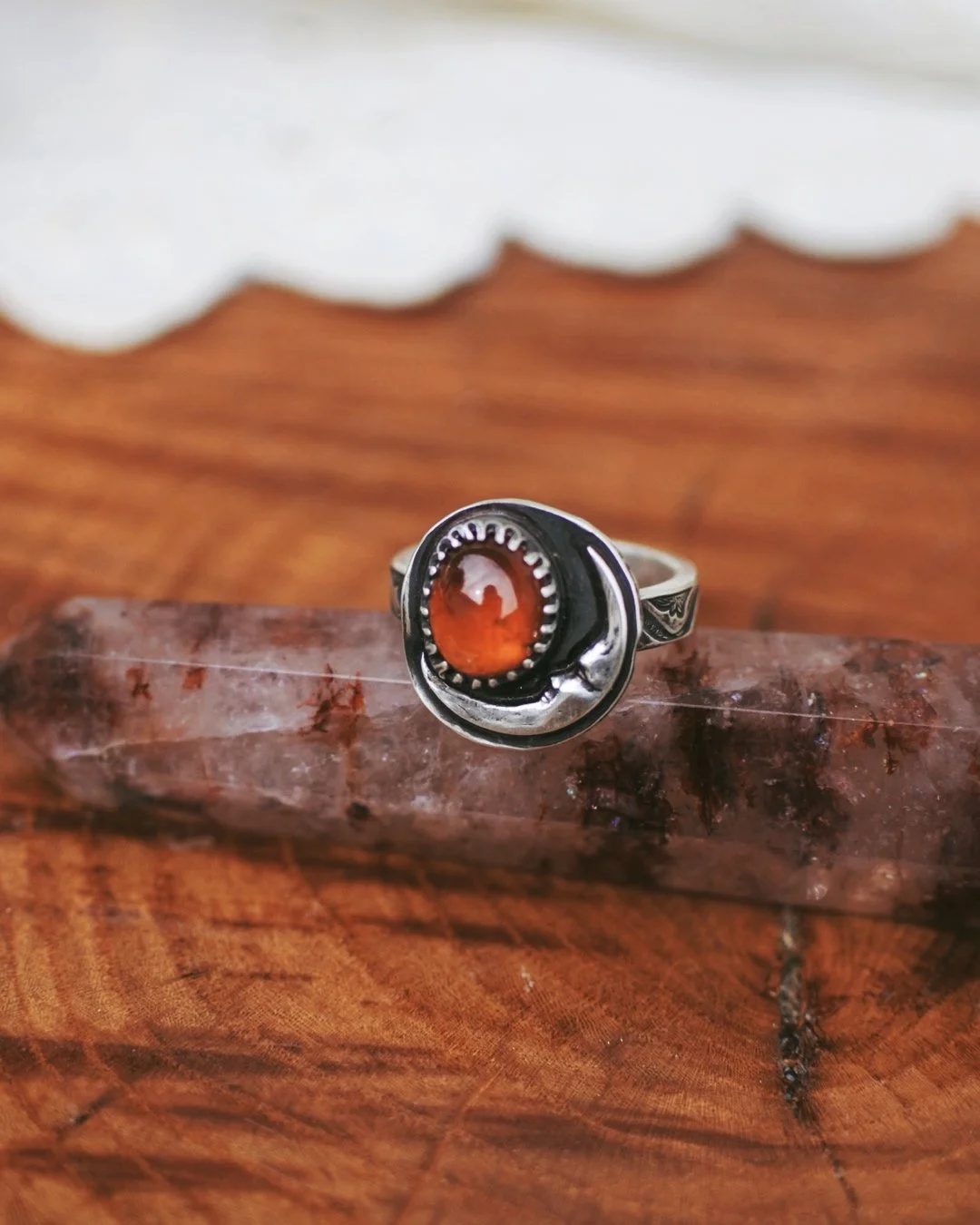Hessonite and Luna Ring- Size 7.75