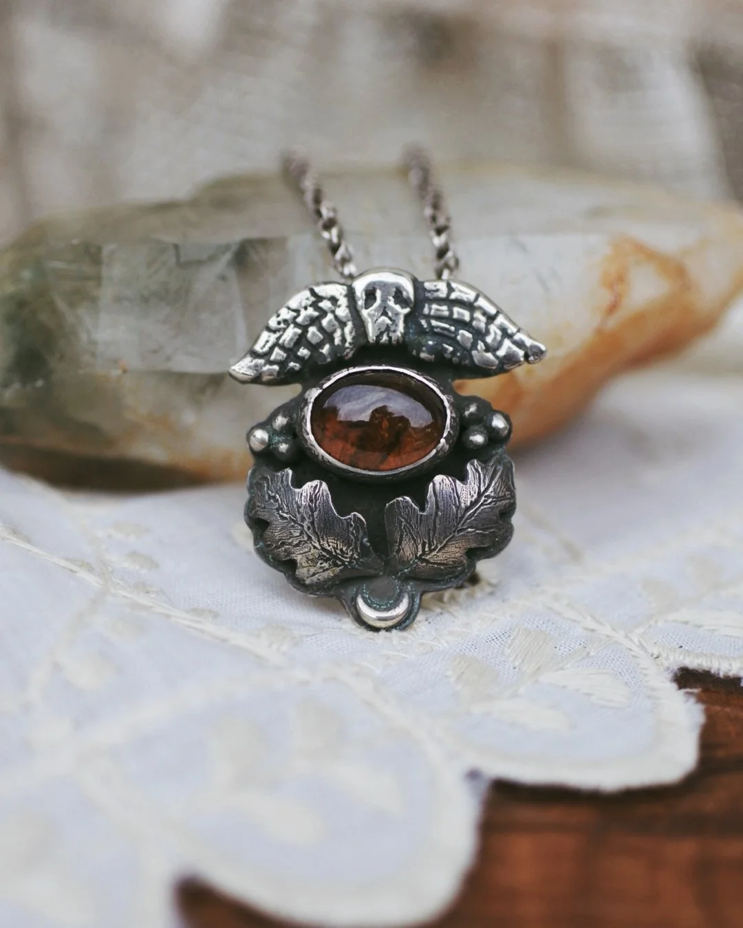 Momento Mori Pendant- Oak Leaves and Garnet