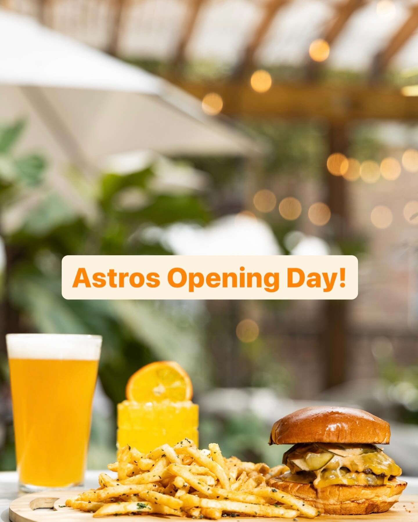 Astros Opening Day! Swing by for a Smash Burger or Brisket Grilled Cheese and enjoy an ice cold beer or Crush City Margarita while soaking up the sun on the patio at Heights &amp; Co! 😎 Let&rsquo;s go &lsquo;Stros! ⚾️