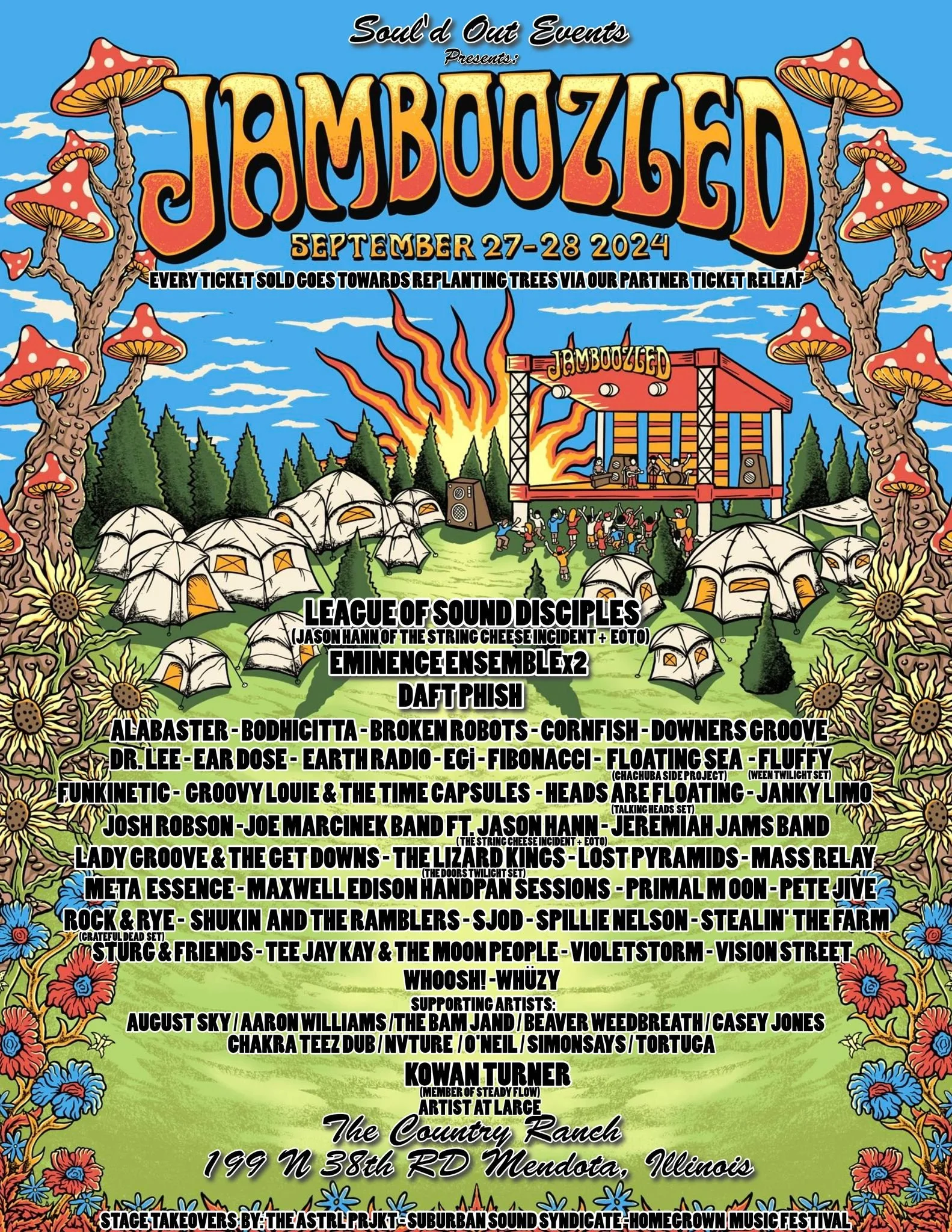 Colorful festival poster for "Jamboozeled" scheduled for September 27-28, 2024, in Mendota, Illinois. Features psychedelic mushrooms, camping tents, bonfire, and stage with performing musicians. Lists bands and performers, including "League of Sound Disciples," "Eminence Ensemble x2," and "Daft Phish" among many others. Organized by Soul'd Out Events, with a focus on replanting trees from ticket sales proceeds. Contact information and stage takeover details included at the bottom.
