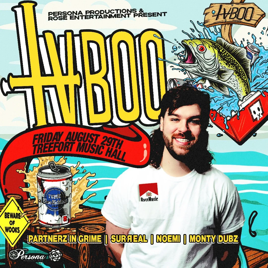 Music event poster featuring a colorful illustration of a fish jumping out of a cooler with cans and bottles, with a photo of a smiling man in a white shirt. The poster advertises a concert called 'Harbour' on Friday, August 29th at Treefort Music Hall, with guest artists Partnerz in Grime, SurReal, Noemi, and Monty Dubz.