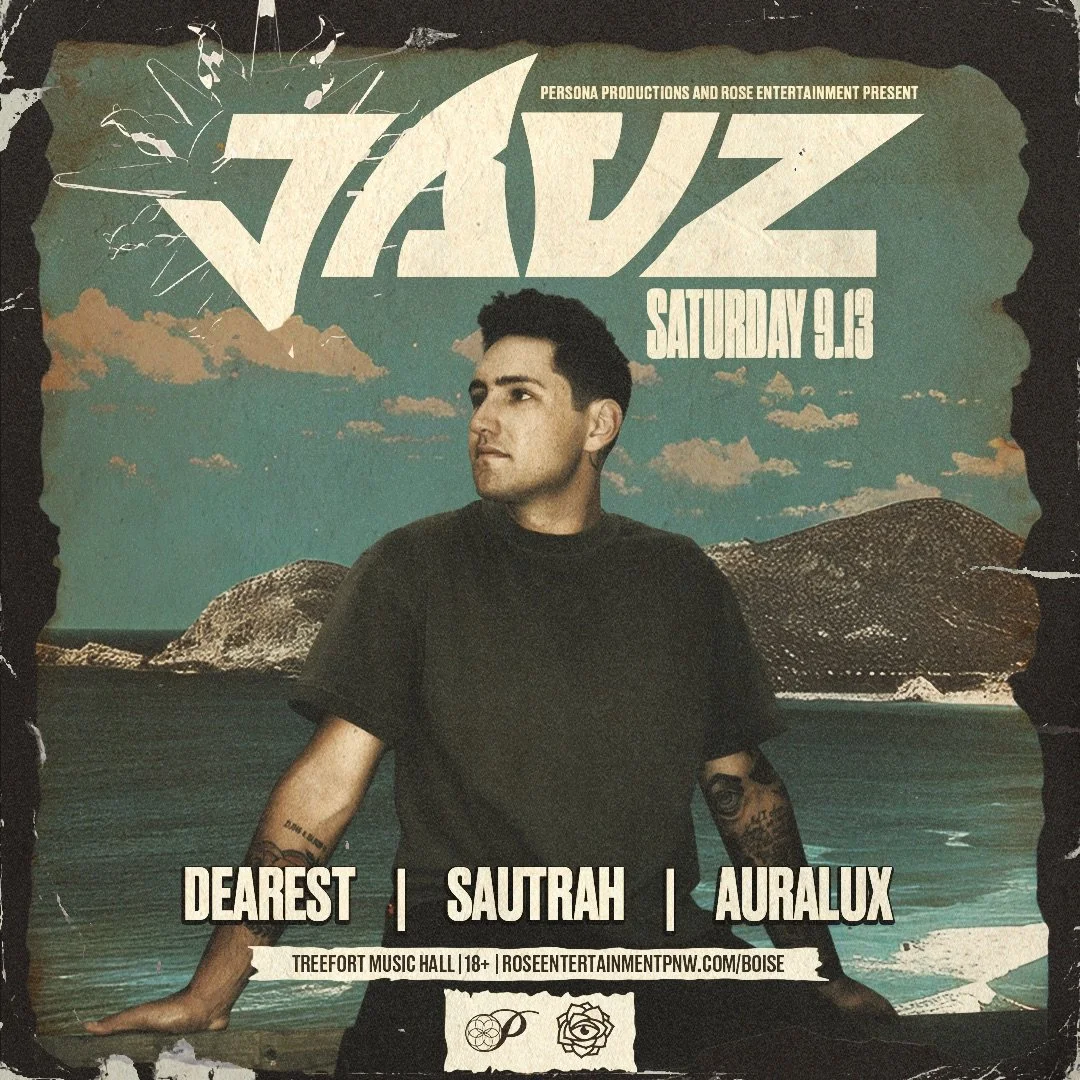 A promotional poster for a music event featuring artist TAU Z, scheduled for Saturday, September 3rd at Treefort Music Hall. The poster shows a man with dark hair, wearing a black t-shirt, standing near the water with mountains and a cloudy sky in the background. The poster lists performers Dearest, Sautrah, and Auralux, with event details including age restriction 18+ and website information.
