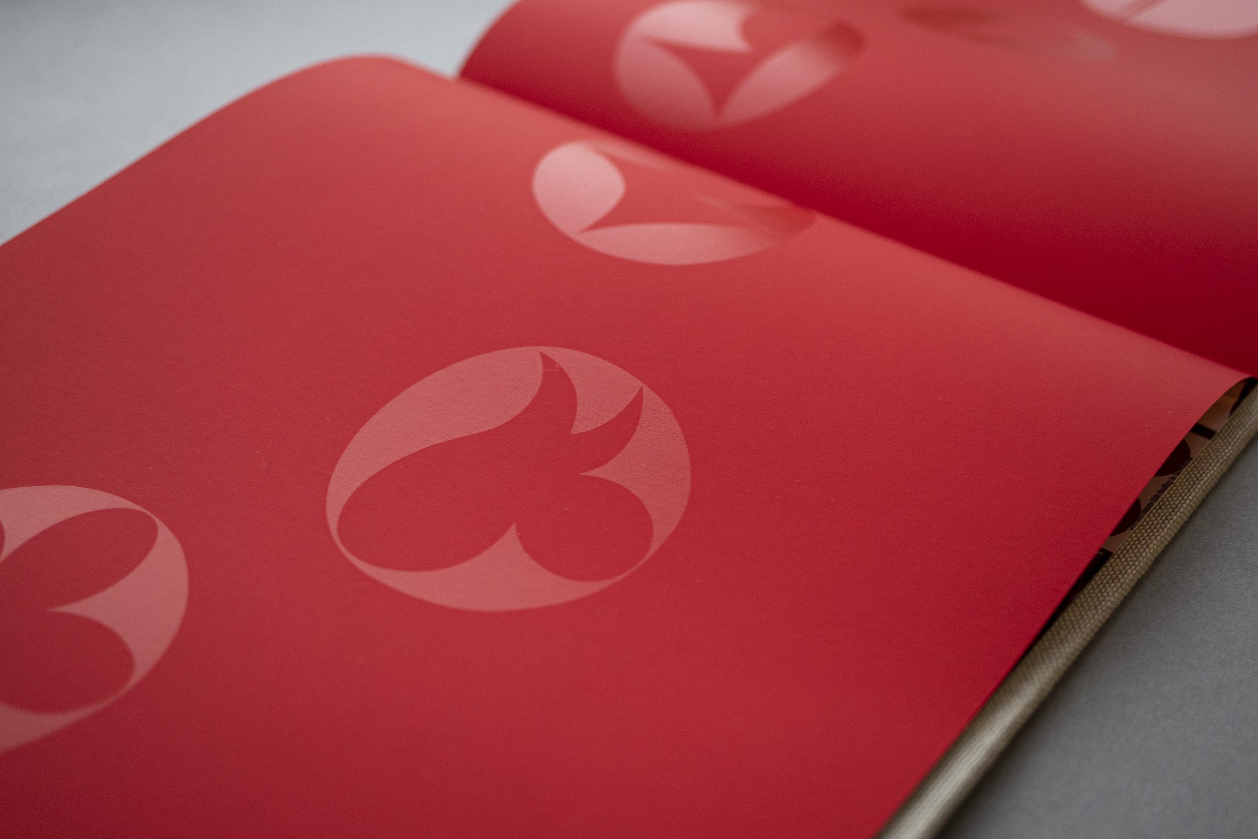 Red inner pages printed on G.F Smith Plike Red paper with screen printed life form symbols designed by Adrian Frutiger using PVA glue to give a gloss effect.