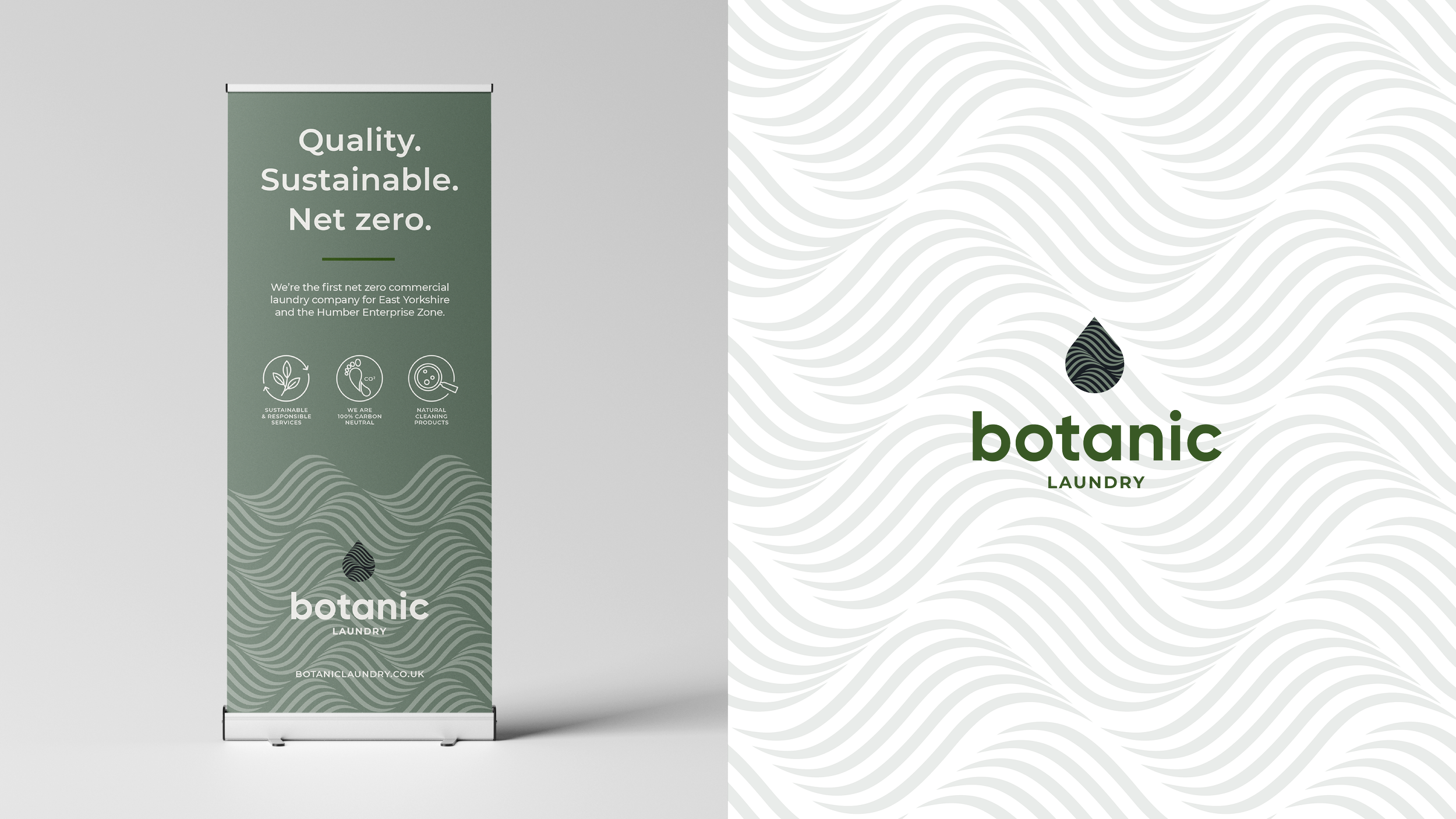 Pull up banner design showing the brand colours, patterns, icons and values alongside the brand wave pattern