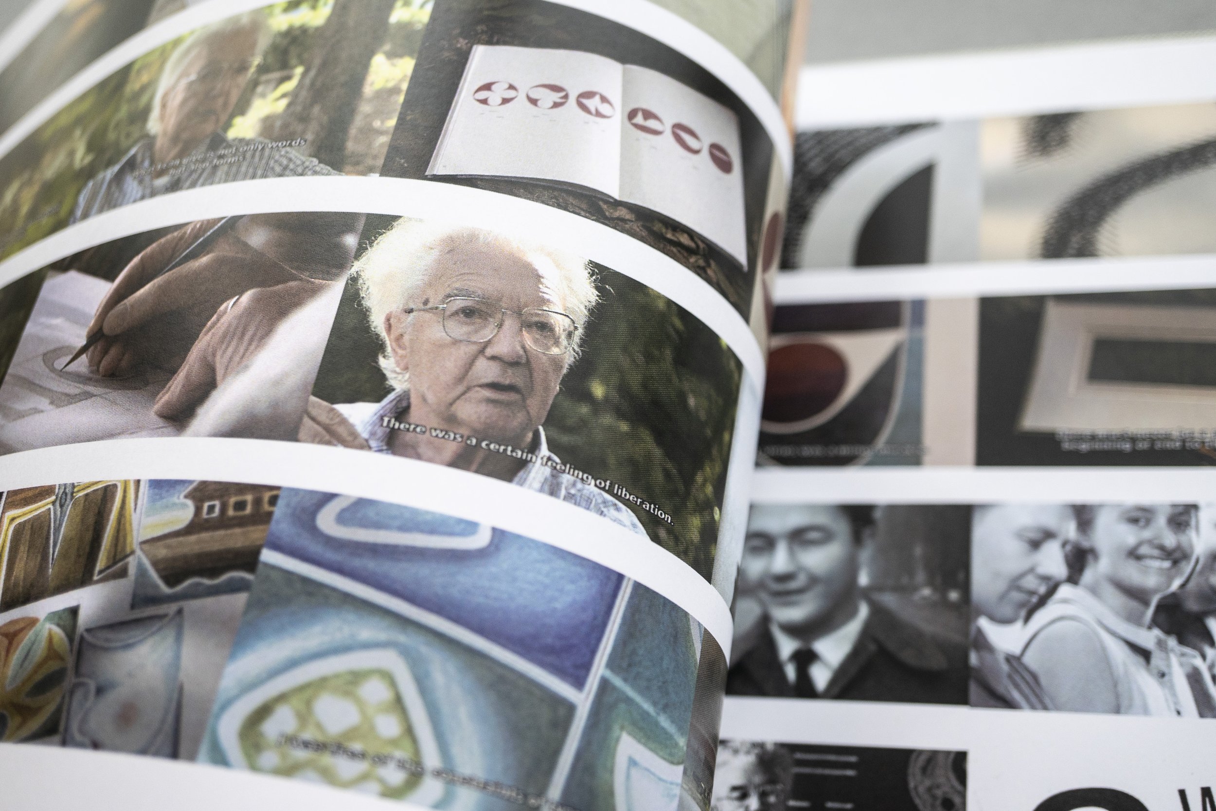 Close up photograph of an inside spread of the 24 Terms book showing screenshots from the film 'The Man of Black and White'. Adrian Frutiger is shown at different stages of his life.
