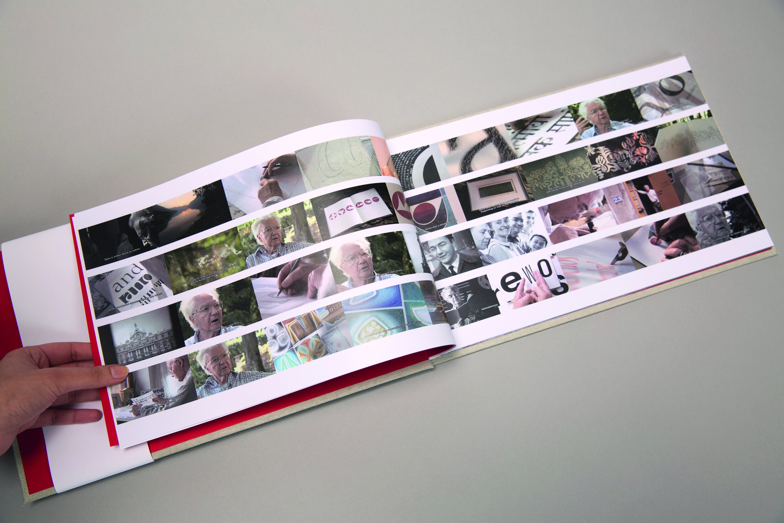 Four rows of screenshot snippets from the film 'The Man of Black and White' celebrating Adrian Frutiger's life. Layout inspired by film reels.
