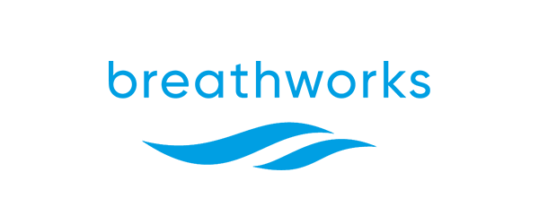 A logo with the word 'breathworks' in blue lowercase letters and stylized blue waves below it on a black background.