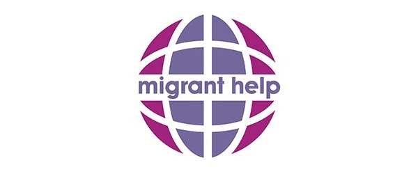 Logo for migrant help featuring a globe design with purple and pink colors.