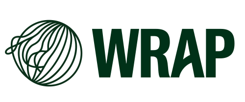 A logo with a globe made from intertwined green lines and the word 'WRAP' in bold green letters.