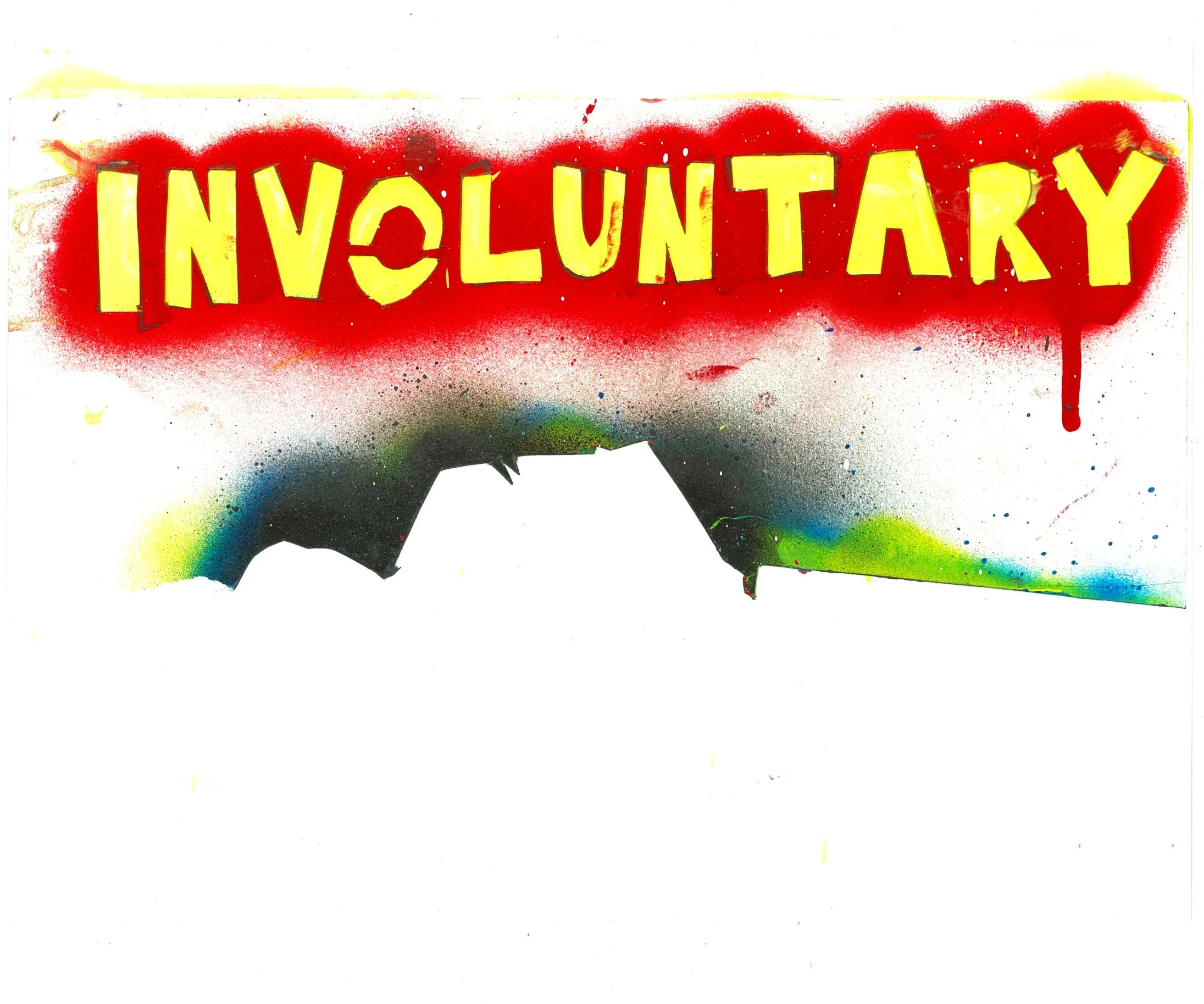 "Involuntary" graffiti artwork with bold yellow letters on a red background, overlaying a multicolored spray paint design.