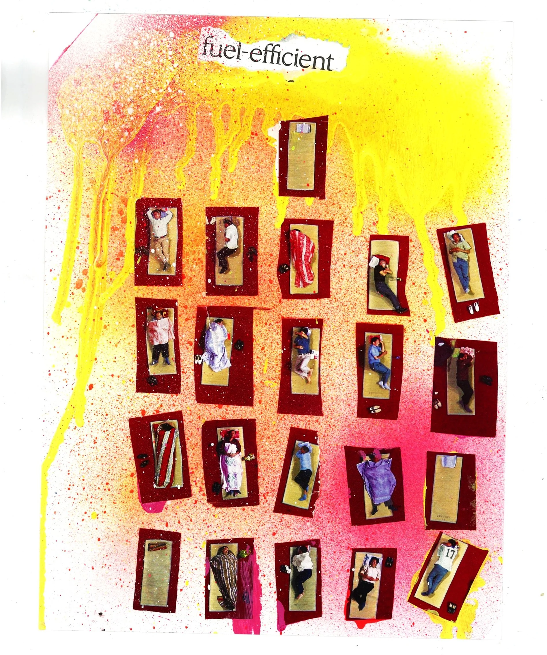 Collage art piece with images of people on rectangles against a yellow and red splattered background, titled "fuel-efficient."