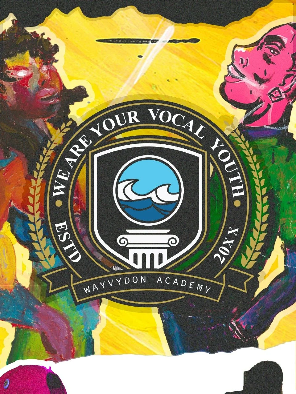 Colorful drawing of two women and a man with a large circular emblem in the center. The emblem has a wave symbol and the text 'We are your vocal youth,' 'Estd 2014,' 'WayyyDon Academy.' The background is yellow with abstract art.