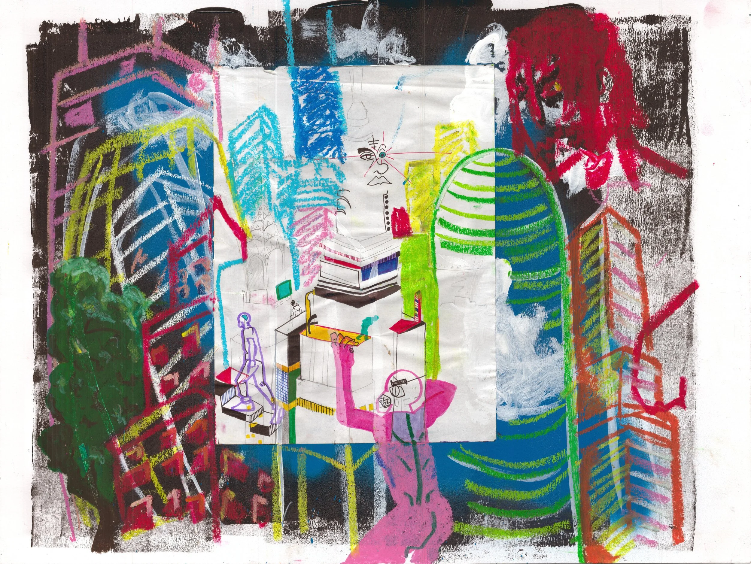 Colorful abstract artwork depicting a cityscape with skyscrapers, a large red-haired figure, a green striped dome, and various smaller human figures and objects in vibrant colors and sketchy lines.