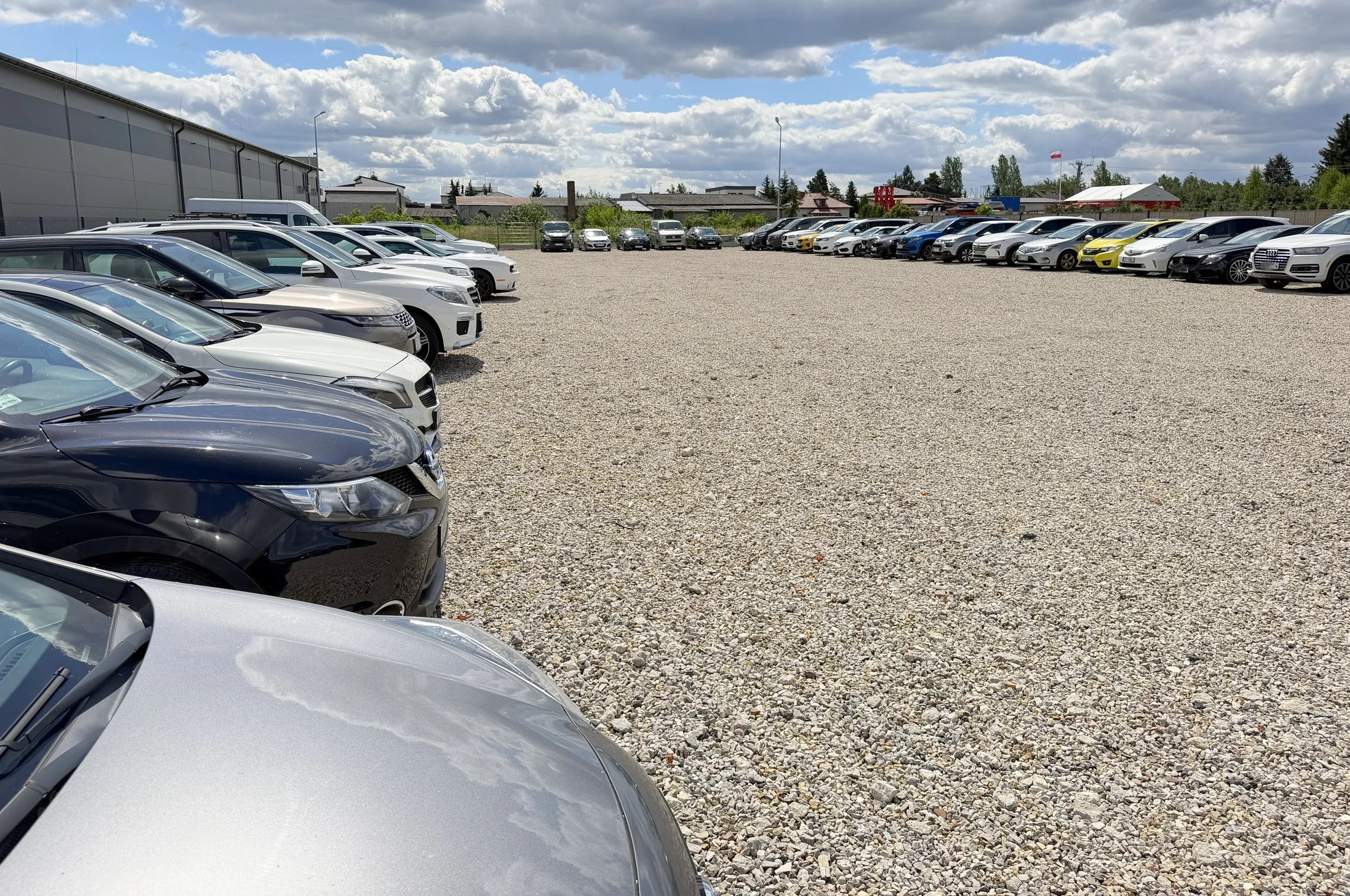 A large gravel parking lot filled with numerous parked cars, with a mix of sedans, SUVs, and trucks, under a partly cloudy sky.