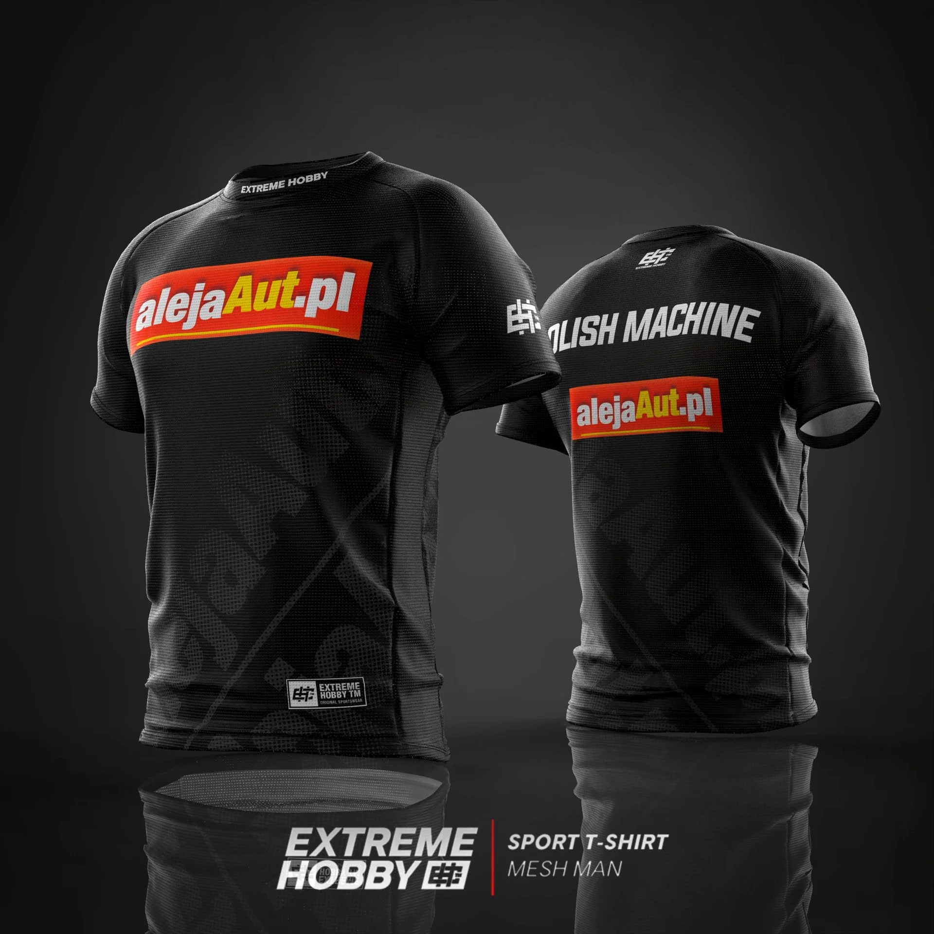 Two black sports T-shirts with sponsorship logos, displayed against a dark background.