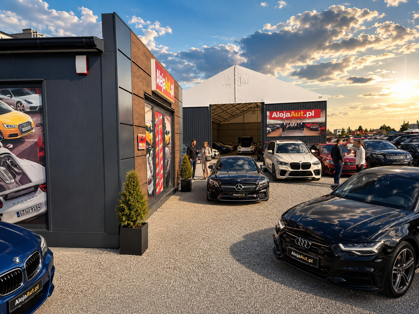 A car dealership lot with several new luxury cars parked, including Mercedes-Benz and BMW models. A building with an 'AlejaAut.pl' sign and large car images on the wall is visible, along with people talking near the cars during sunset.