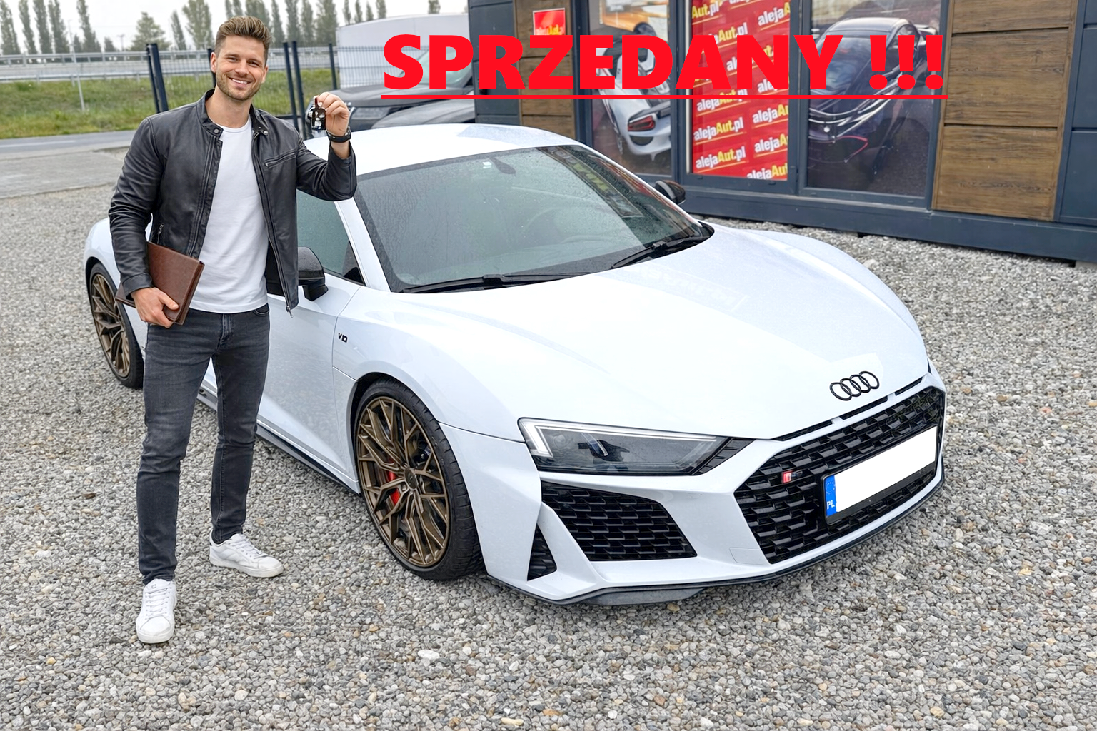 A smiling man in a black leather jacket and gray jeans standing beside a white Audi sports car, holding car keys in one hand and a folder in the other. The car has gold rims and is parked on gravel outside a dealership with a sign in Polish that reads 'SPRZEDANY !!!' in large red letters.