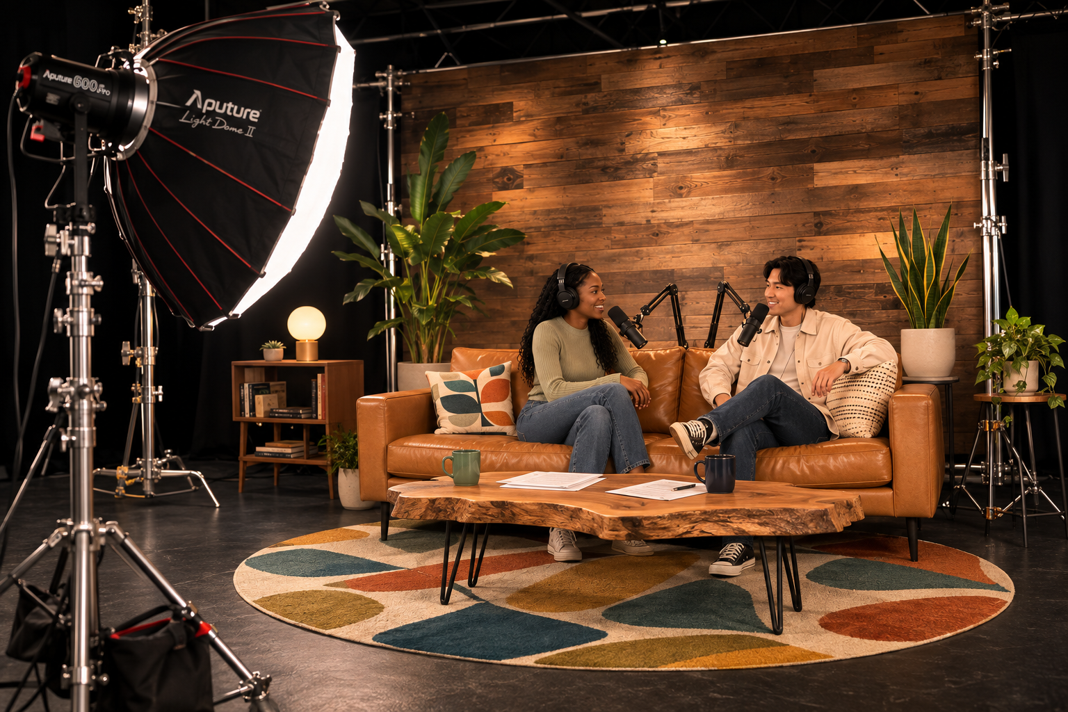 Two people recording a podcast in a studio with a leather sofa, plants, wooden background, and studio lighting.