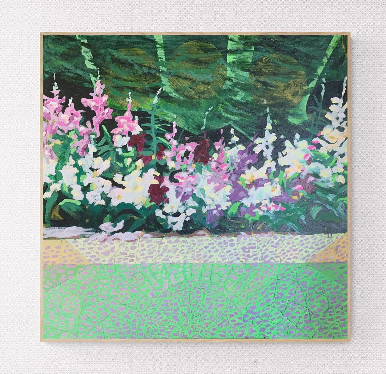 Antirrhinums acrylic on canvas 100cm x 100cm 2026 on a wall.jpg