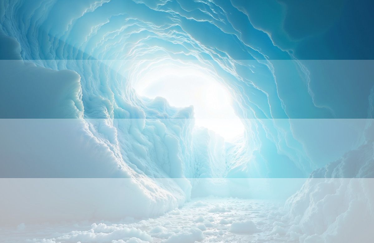 Ice cave with bright light at the end, icy walls and snow-covered ground, representing Grey Epoch's leadership and expert solutions within carbon markets.