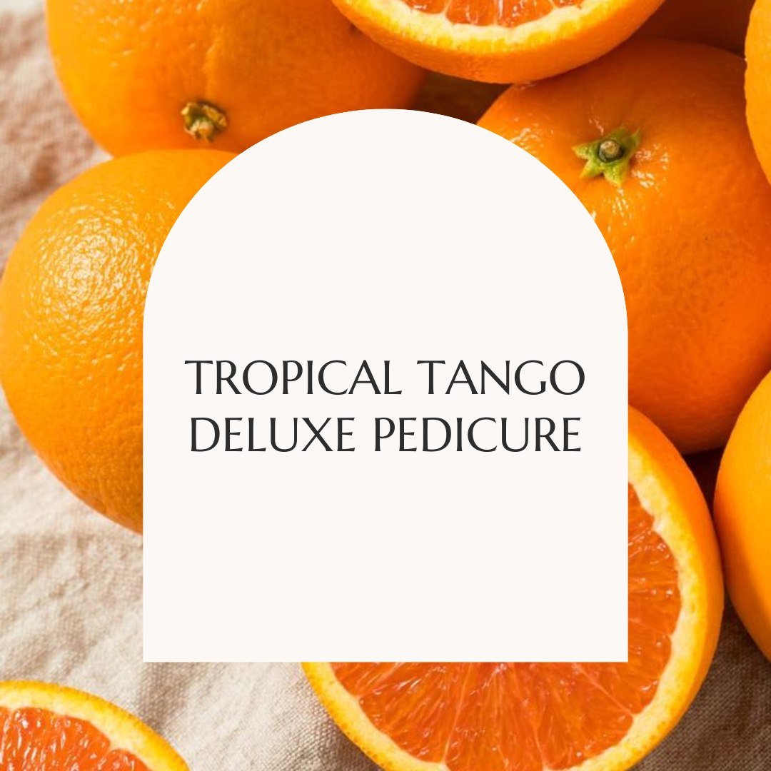 Indulge in our rejuvenating Tropical Tango Deluxe Pedicure this summer! 🍊🥭This luxurious pedicure experience refreshes your feet, leaving them feeling pampered and revitalized. 

Begin with a luxurious foot bath, followed by expert nail shaping, cu