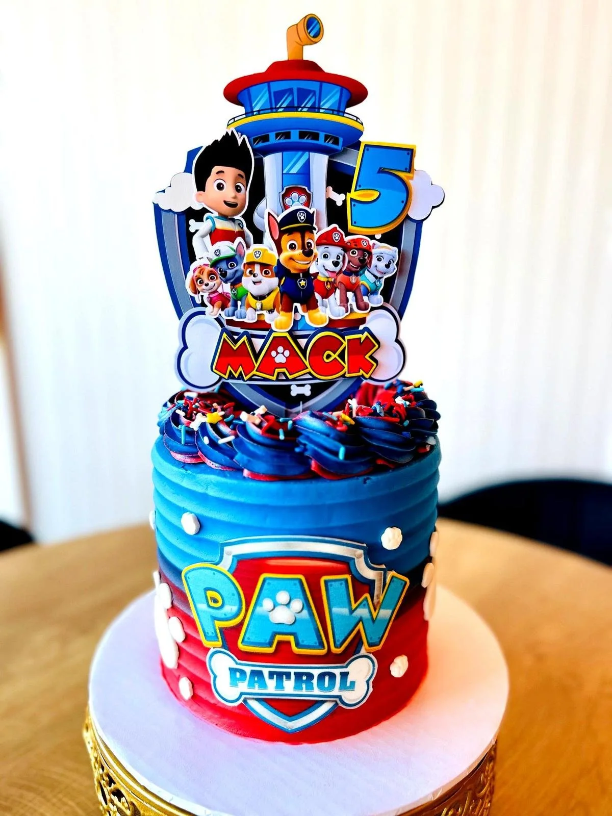 Colorful Paw Patrol-themed birthday cake with character decorations and "MACK 5" topper.