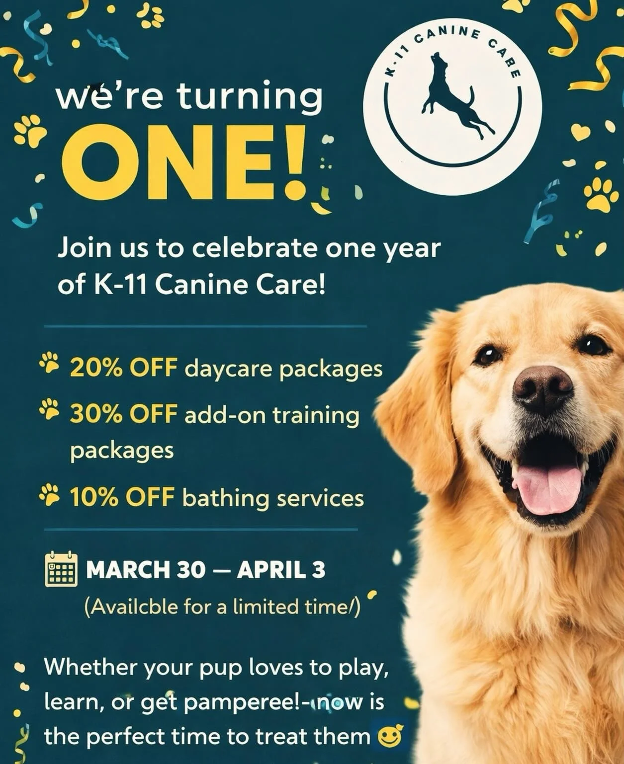 🎉🐾 We&rsquo;re turning ONE! 🐾🎉

It&rsquo;s been an incredible first year, and we couldn&rsquo;t have done it without our amazing K-11 family 💛💙

To celebrate, we&rsquo;re bringing you a full week of anniversary specials:

✨ 20% OFF daycare pack